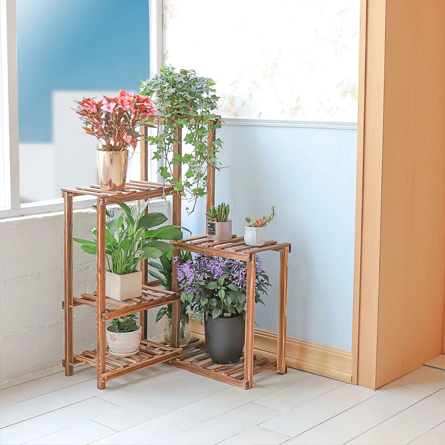 Eckiges Garten-Pflanzenregal aus Holz, mehrstöckiges Blumenregal