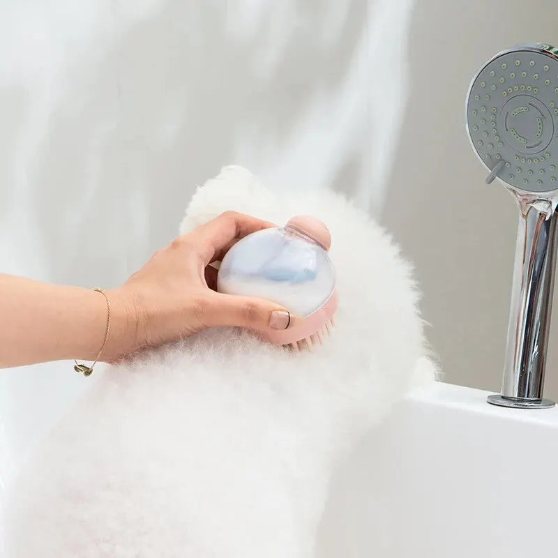 Haustier-Bürste aus weichem Silikon mit Shampoo-Spender für sanfte Massage zur Pflege und Reinigung von Fell und Haaren